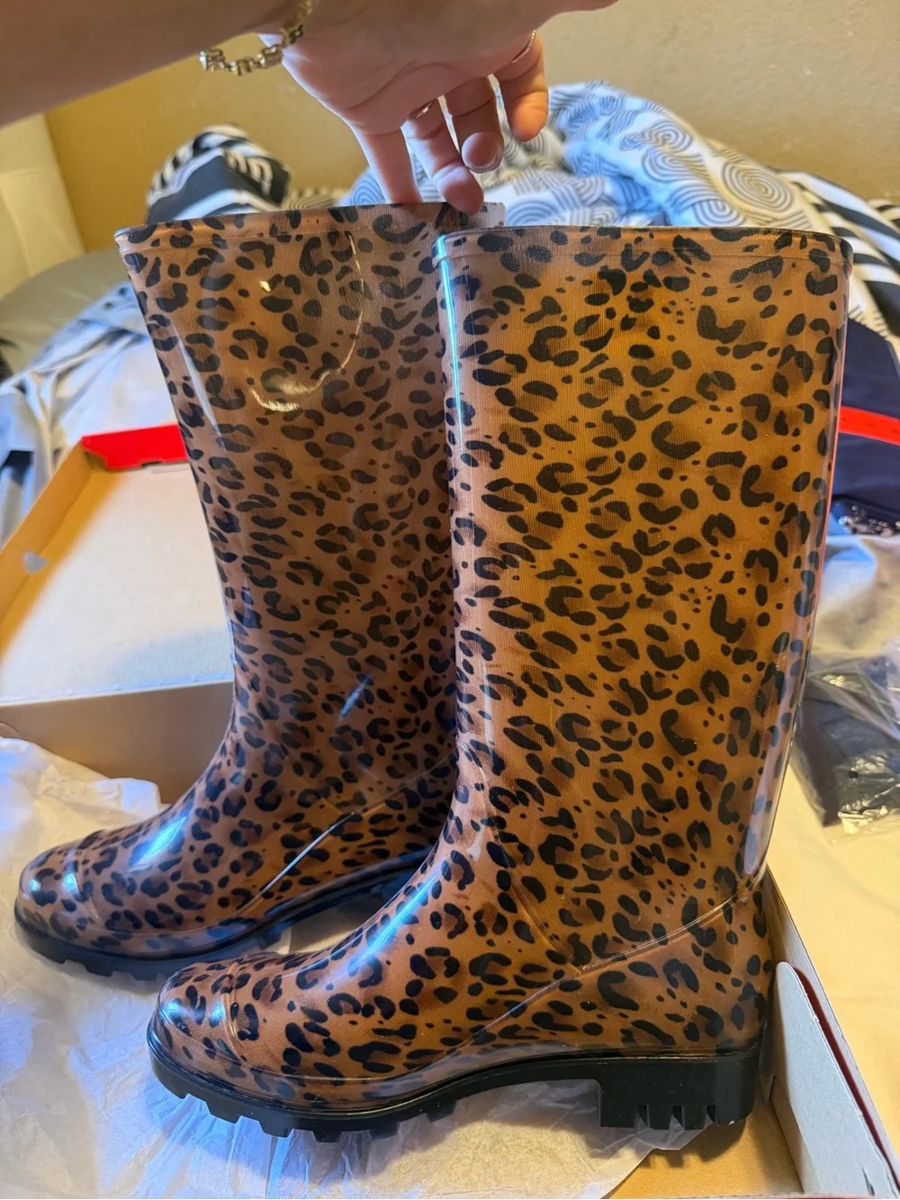 Leopard Print Waterproof Womens Rain Boot - Brown